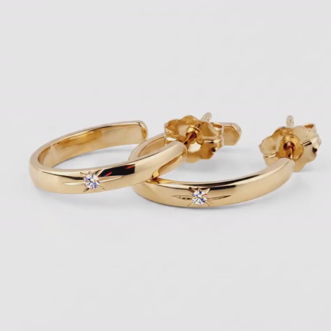 14K Solid Gold Diamond Open Hoop Earrings, C Shaped Gold Hoops, Star Set Diamond Earrings, Post Back Hoops, 14mm Gold Earrings