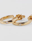 14K Solid Gold Diamond Open Hoop Earrings, C Shaped Gold Hoops, Star Set Diamond Earrings, Post Back Hoops, 14mm Gold Earrings
