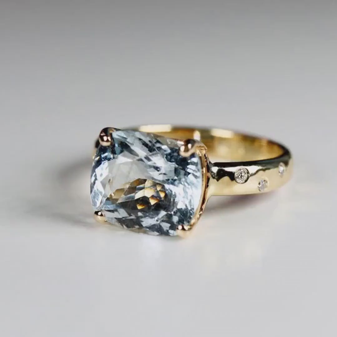 Flush Setting Diamond Band Cushion Aquamarine Ring in 14k Gold