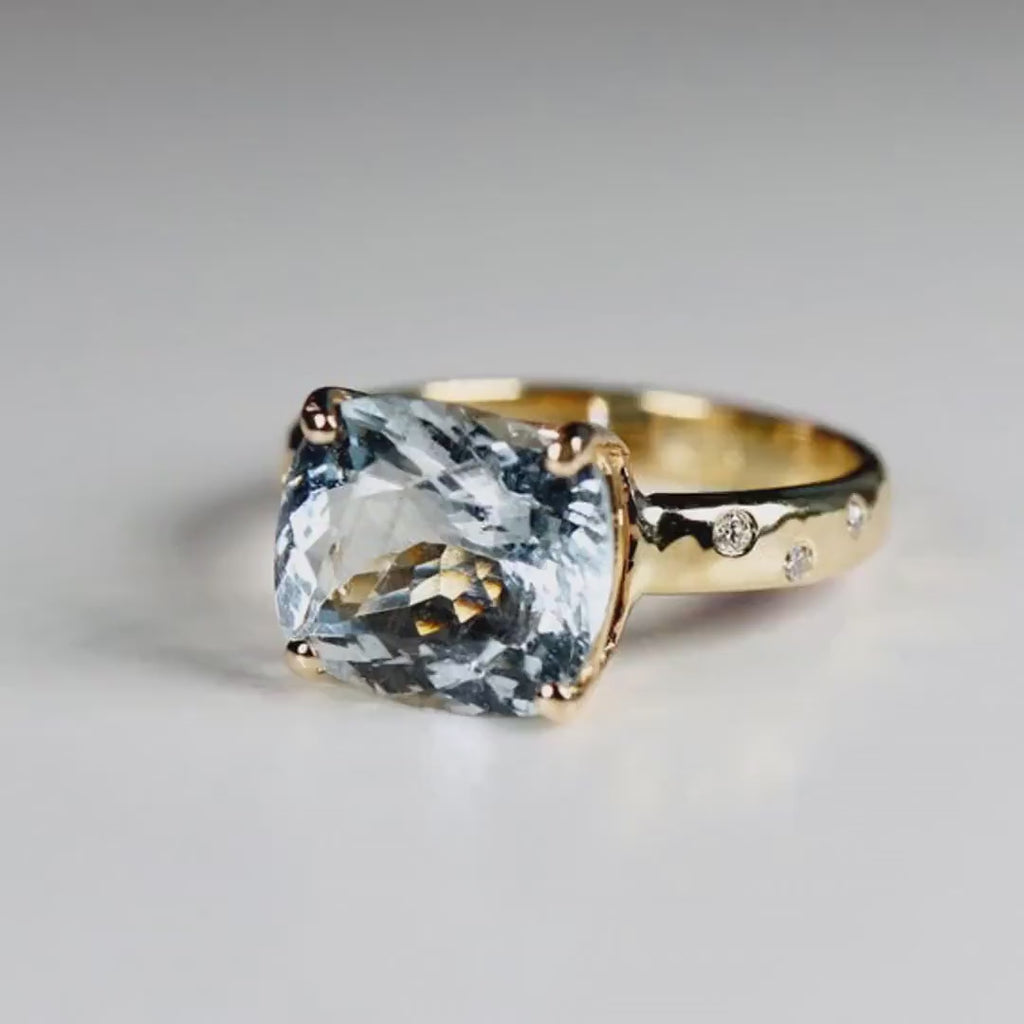 Flush Setting Diamond Band Cushion Aquamarine Ring in 14k Gold