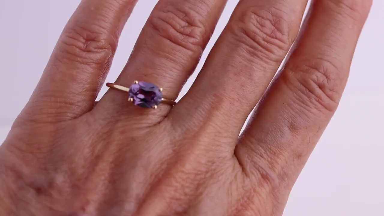 Color Change Sapphire Ring 14K Gold, East West Oval Lab Grown Sapphire Ring, Purple Sapphire Engagement Ring, Alternative Bridal Ring