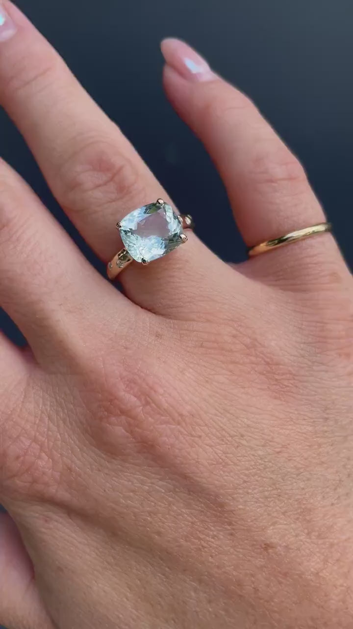 Flush Setting Diamond Band Cushion Aquamarine Ring in 14k Gold