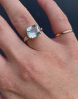 Flush Setting Diamond Band Cushion Aquamarine Ring in 14k Gold