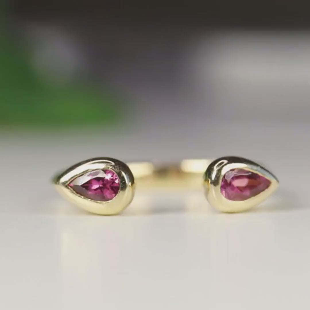 18k Solid Gold Pink Tourmaline Open Cuff Ring