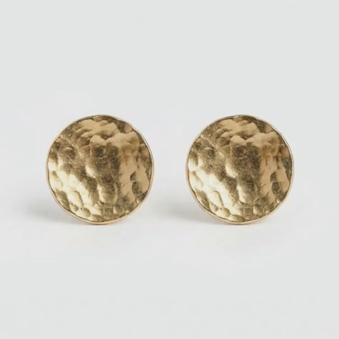 Gold Circle Earrings 9.5mm Medium size Hammered Gold Disc Stud Earrings