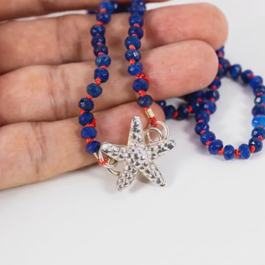 Lapis Lazuli Rondelle Necklace on Red Silk, 4.5mm Hand Knotted Strand with Sterling Silver Fish Star Clasp