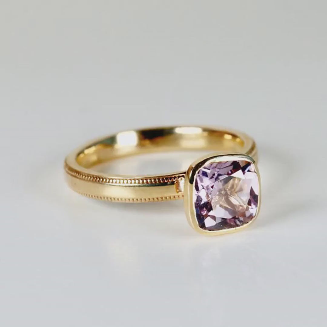 Cushion Cut Rose de France Amethyst Ring 10k Gold, Bezel Set Solitaire Engagement Ring