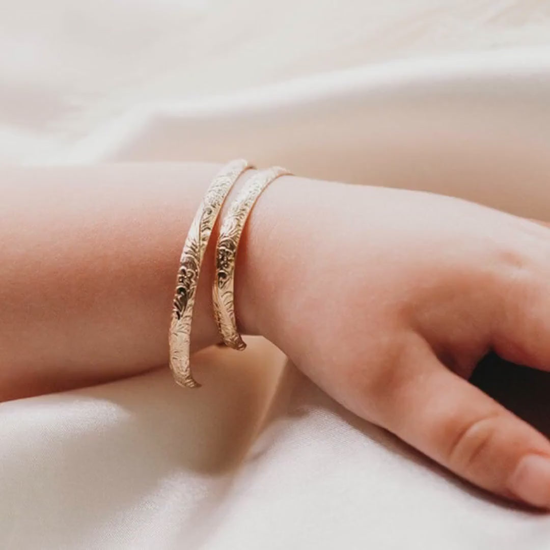 Engraved Baby Cuff, Leaf & Flowers, Children Bracelet, Baby Cuff Bracelet