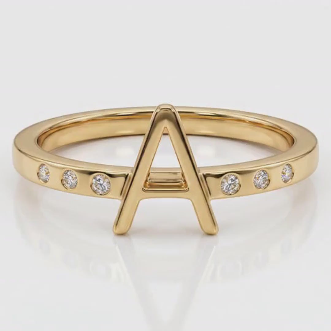 14k Gold Diamond Initial Ring, Personalized Square Band Monogram Ring