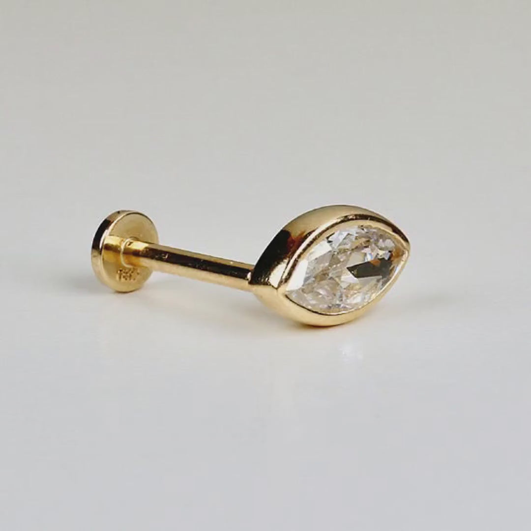 Marquise CZ Simulated Diamond Bezel Earring 14k Solid Gold (SINGLE OR PAIR), Flat Back Internally Threaded Earring