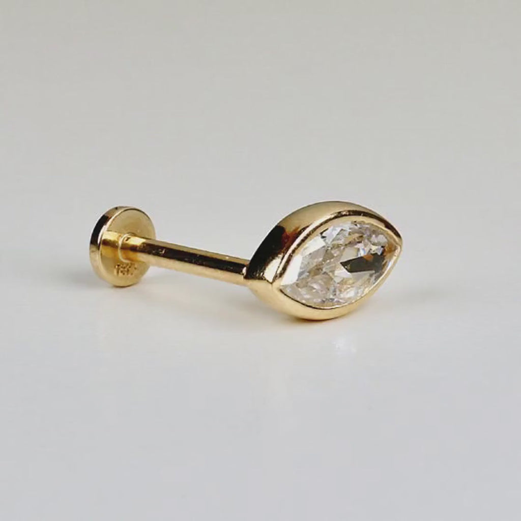 Marquise CZ Simulated Diamond Bezel Earring 14k Solid Gold (SINGLE OR PAIR), Flat Back Internally Threaded Earring