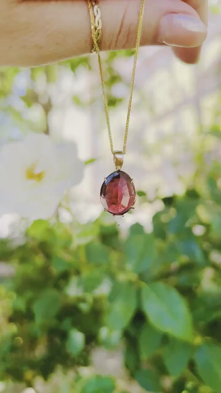Pink Tourmaline Necklace 14k Gold, Rose Cut Tourmaline and Triangle Diamond Pendant