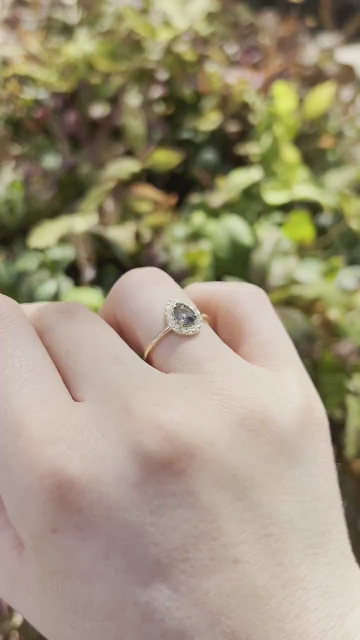 Pear Salt and Pepper Diamond Ring 14k Gold – Rose Cut Black Diamond Halo Ring, Unique Engagement Ring, Anniversary Gift
