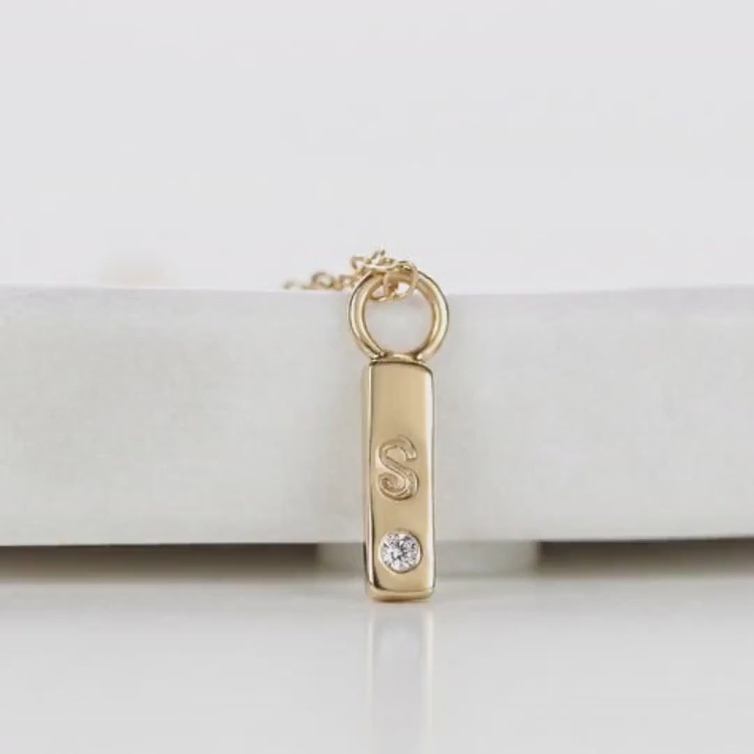 14k Solid Gold Vertical Bar Initial Necklace