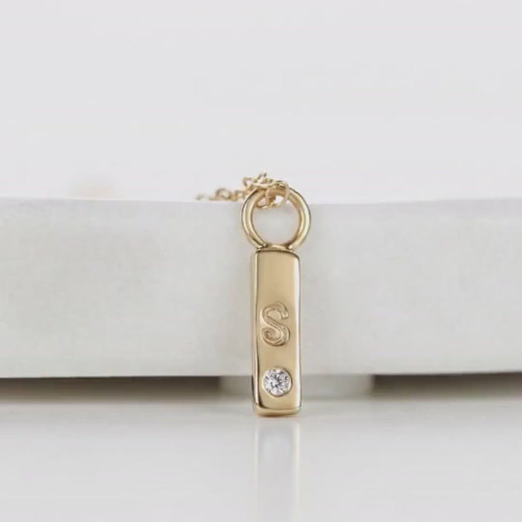 14k Solid Gold Vertical Bar Initial Necklace