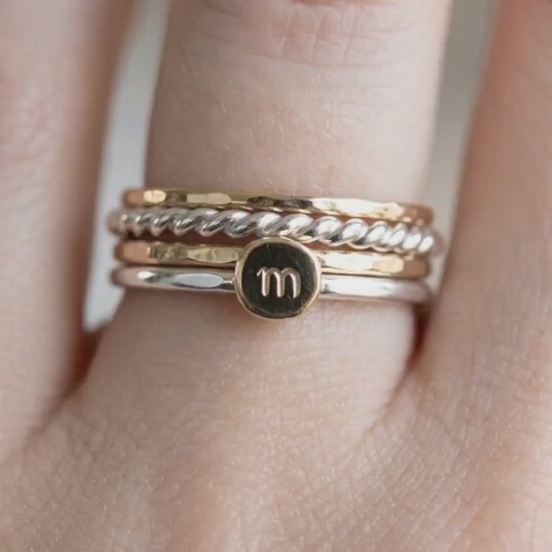 Solid 14k Gold Rustic Pebble Ring, Silver Band Gold Initial Ring