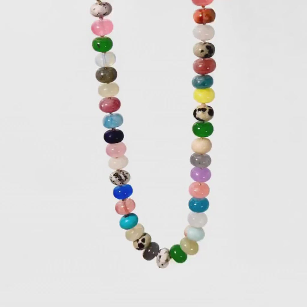 Multi Gemstone Necklace, Colorful Gemstone Beaded Necklace, 8mm Rondelle Beads, 14K Gold Filled, Hand Knotted Silk