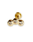 Three Bezel Stone Curve Bar Ear Piercing 14k Solid Gold Flat Back (SINGLE or PAIR) - Melt'm Jewelry