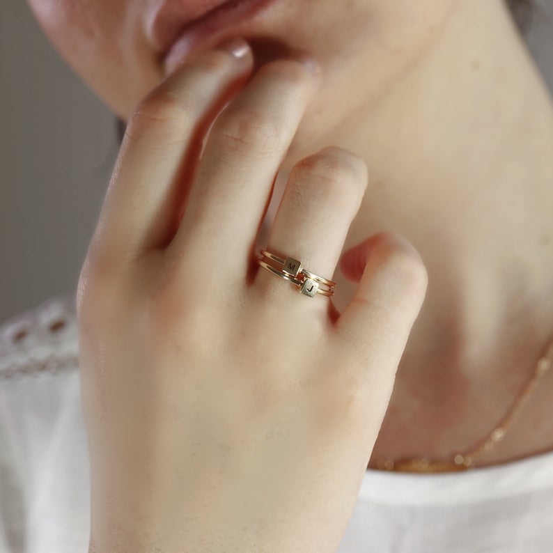 Solid 14k Gold Cube Personalized Ring, Gold Initial Ring