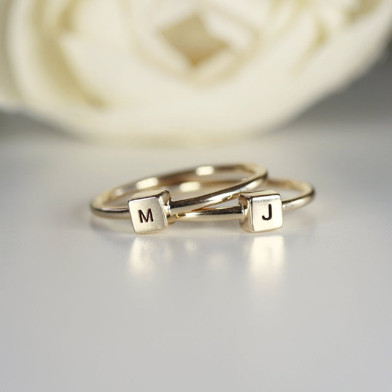 Solid 14k Gold Cube Personalized Ring, Gold Initial Ring