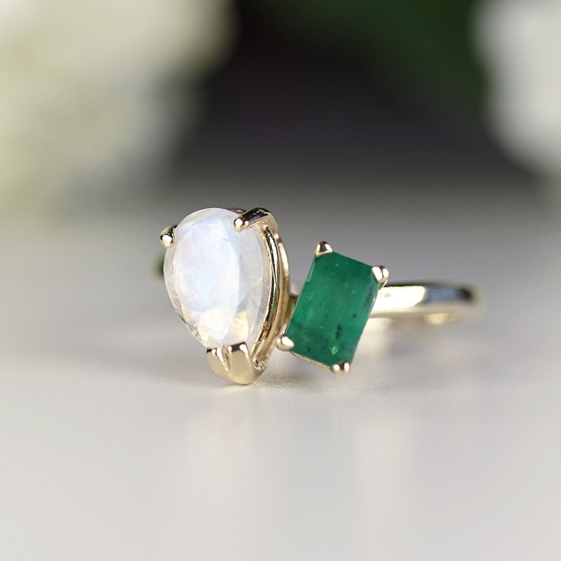 You and Me Ring 14k Gold, Moonstone and Emerald Toi et Moi Ring,