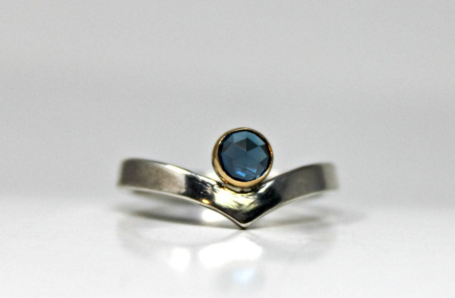 London Blue Topaz Ring 14k Gold, December Birthstone Ring, Chevron Ring, Rose Cut Topaz Ring