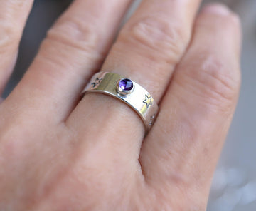 Sterling Silver Birthstone Rings, Gemstone Constellation Ring, Handmade Amethyst Ring, Birthstone Celestial Ring, Astrology Ring, Star Ring