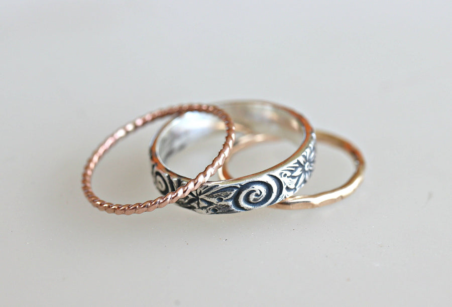 Set Of 3 Stacking Rings, Sterling Silver Spiral and Flower Wedding Band