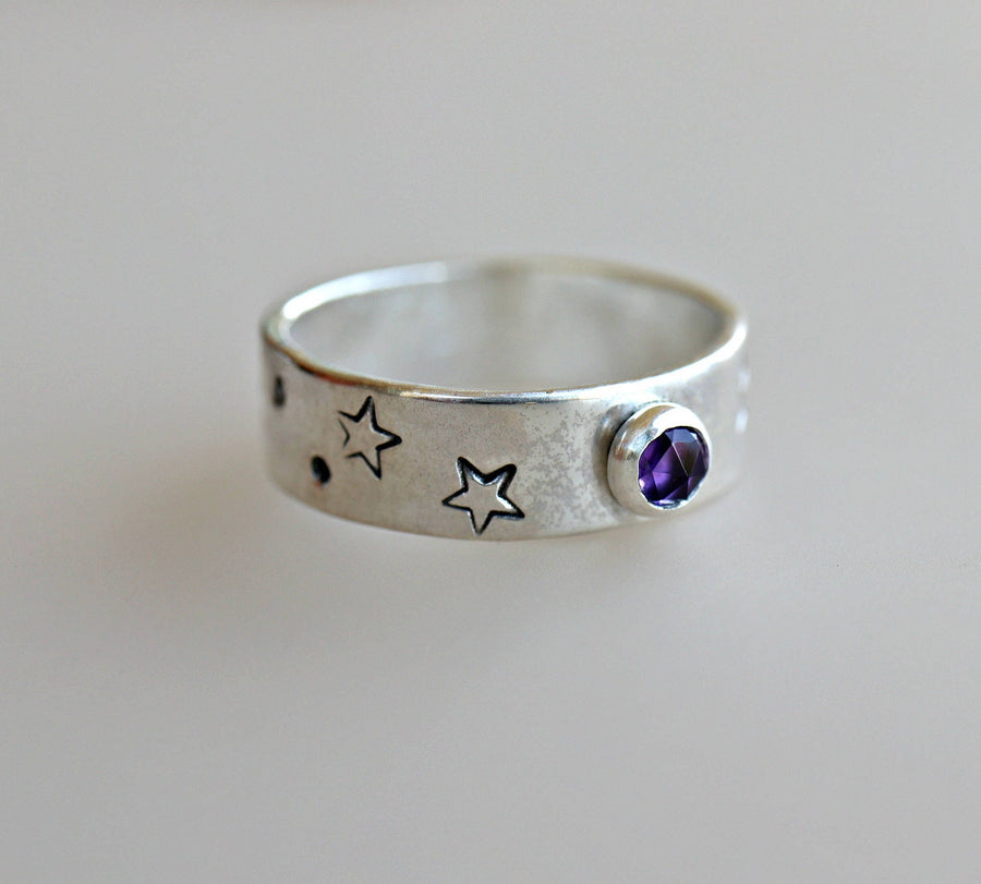 Sterling Silver Birthstone Rings, Gemstone Constellation Ring, Handmade Amethyst Ring, Birthstone Celestial Ring, Astrology Ring, Star Ring