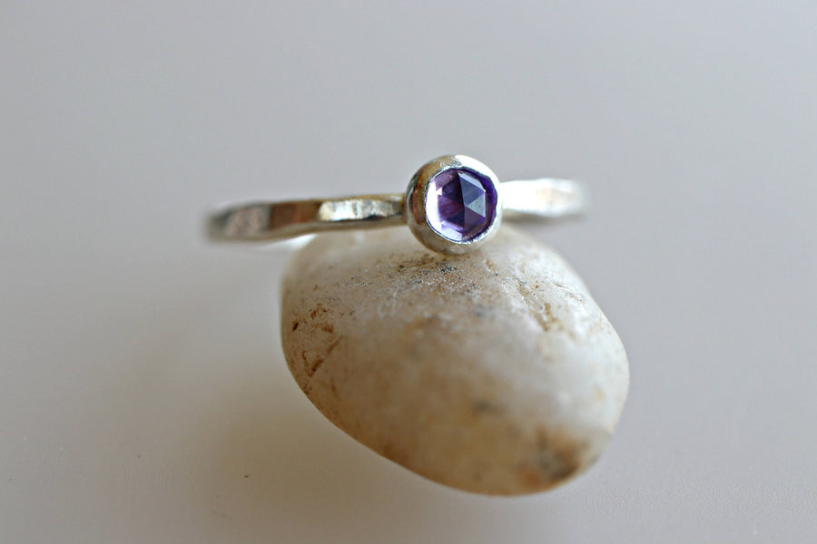 Sterling Silver Hammered Band Amethyst Ring, February Birthstone Ring