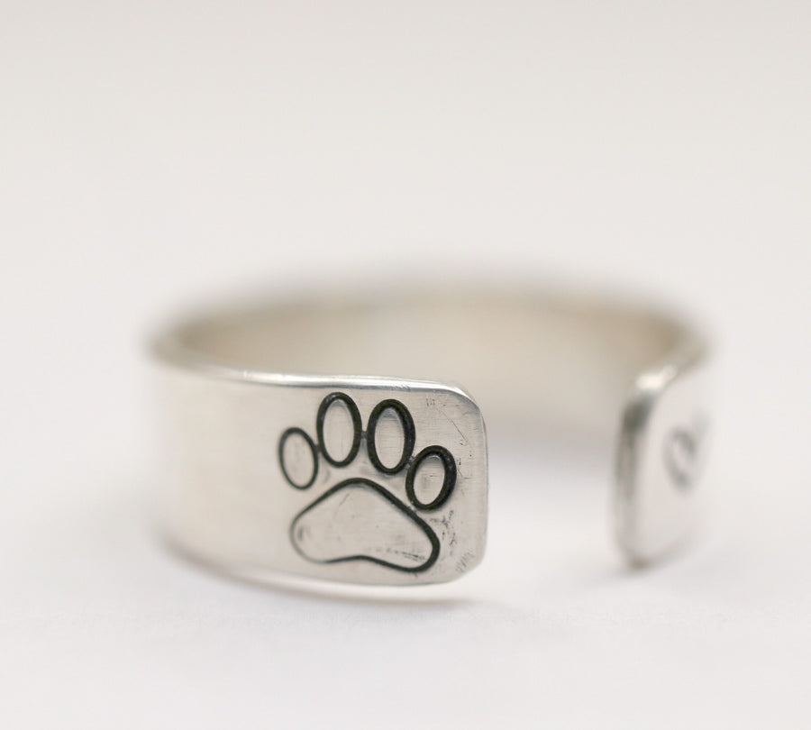 Personalized Pet Memorial Paw Ring, Silver Dog Ring with Paw