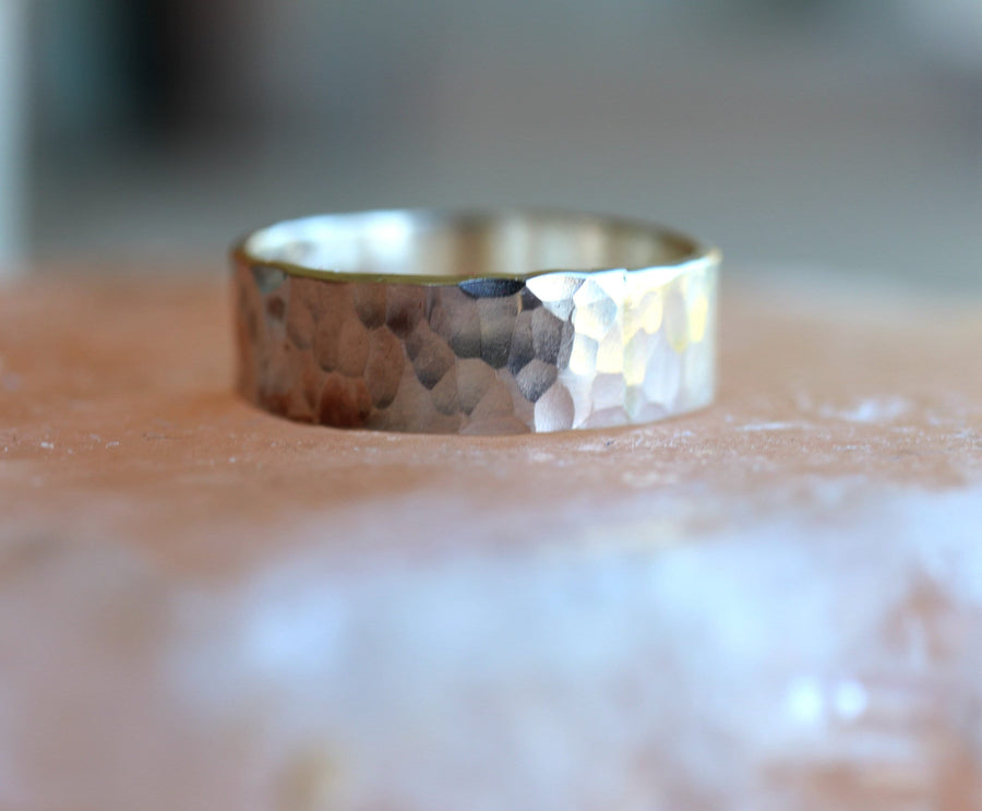 Personalized Hammered Wedding Band, Unisex Sterling Silver Ring, Rustic Wedding Ring