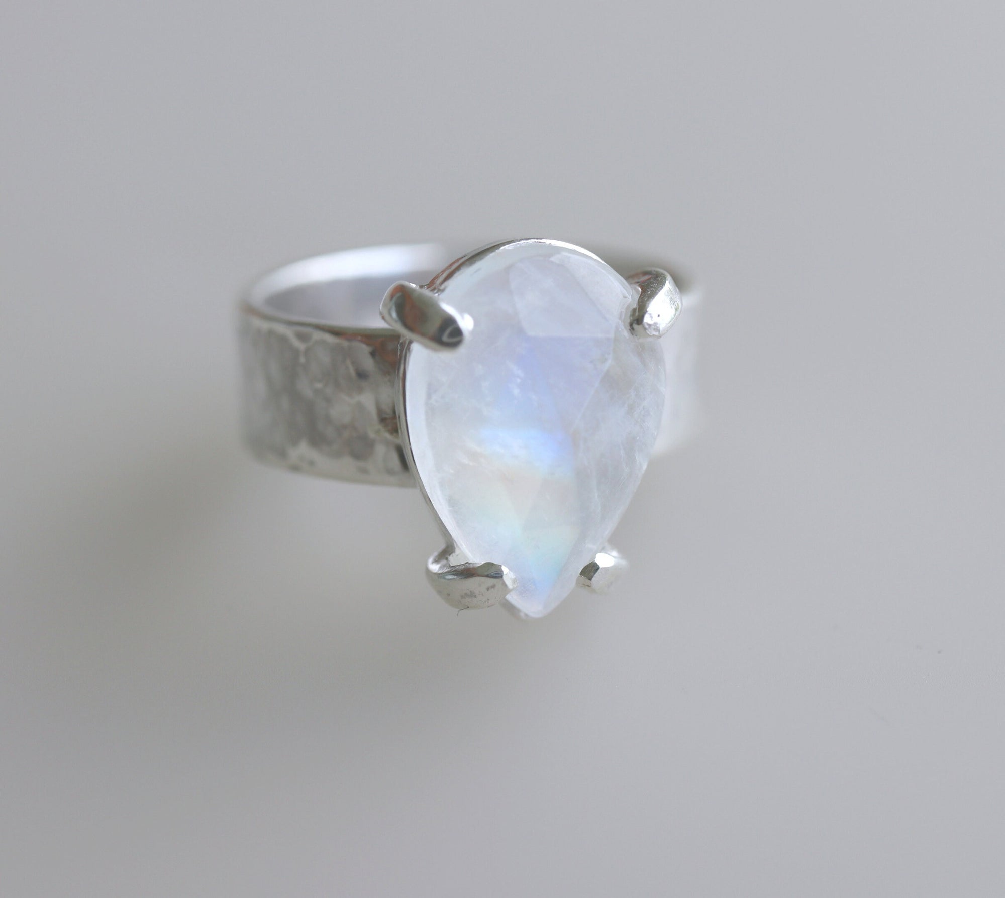 Rainbow Moonstone Ring, Wide Hammered Silver Band with June Birthstone