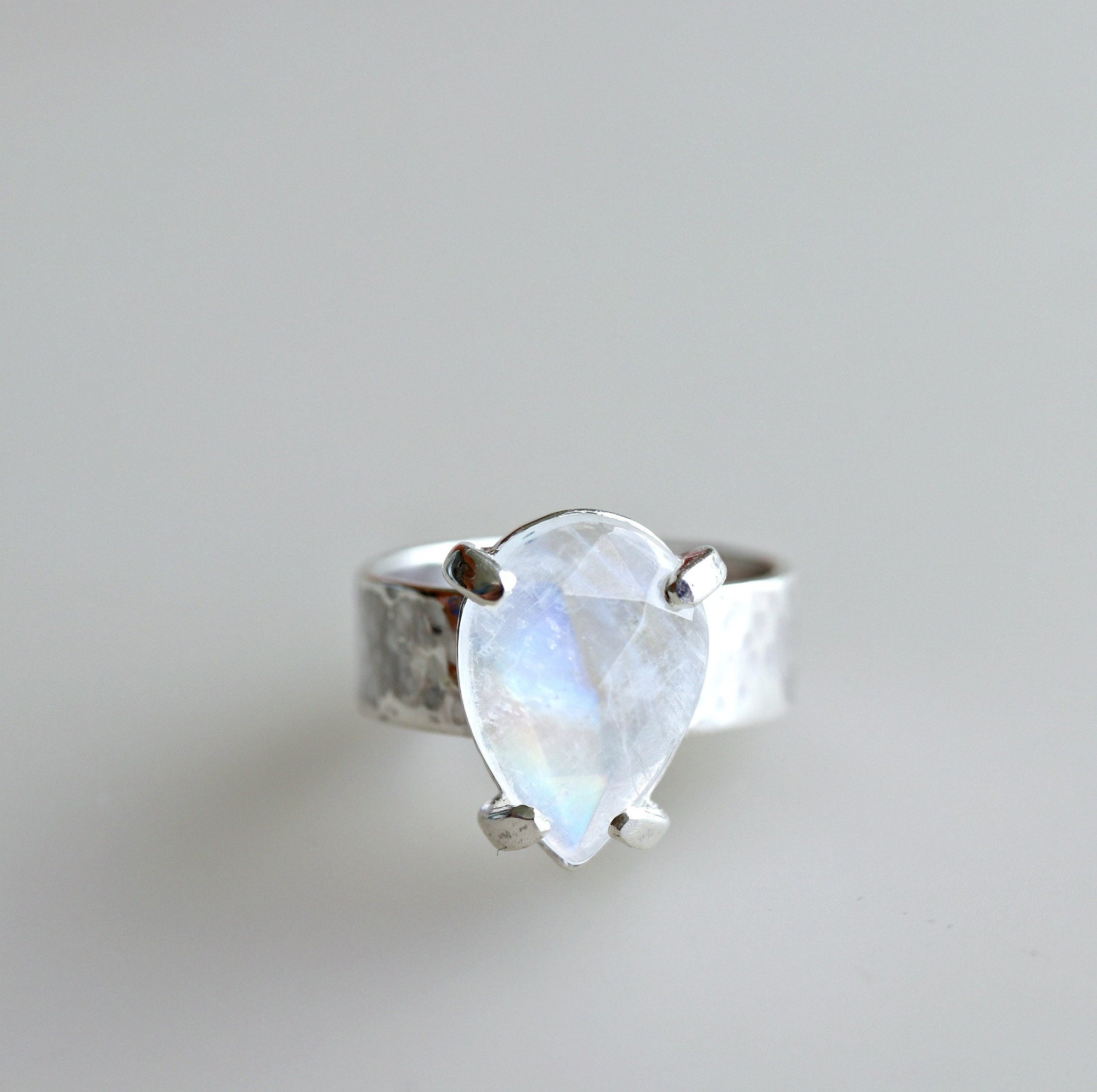 Rainbow Moonstone Ring, Wide Hammered Silver Band with June Birthstone