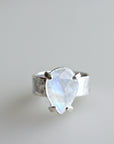 Rainbow Moonstone Ring, Wide Hammered Silver Band with June Birthstone