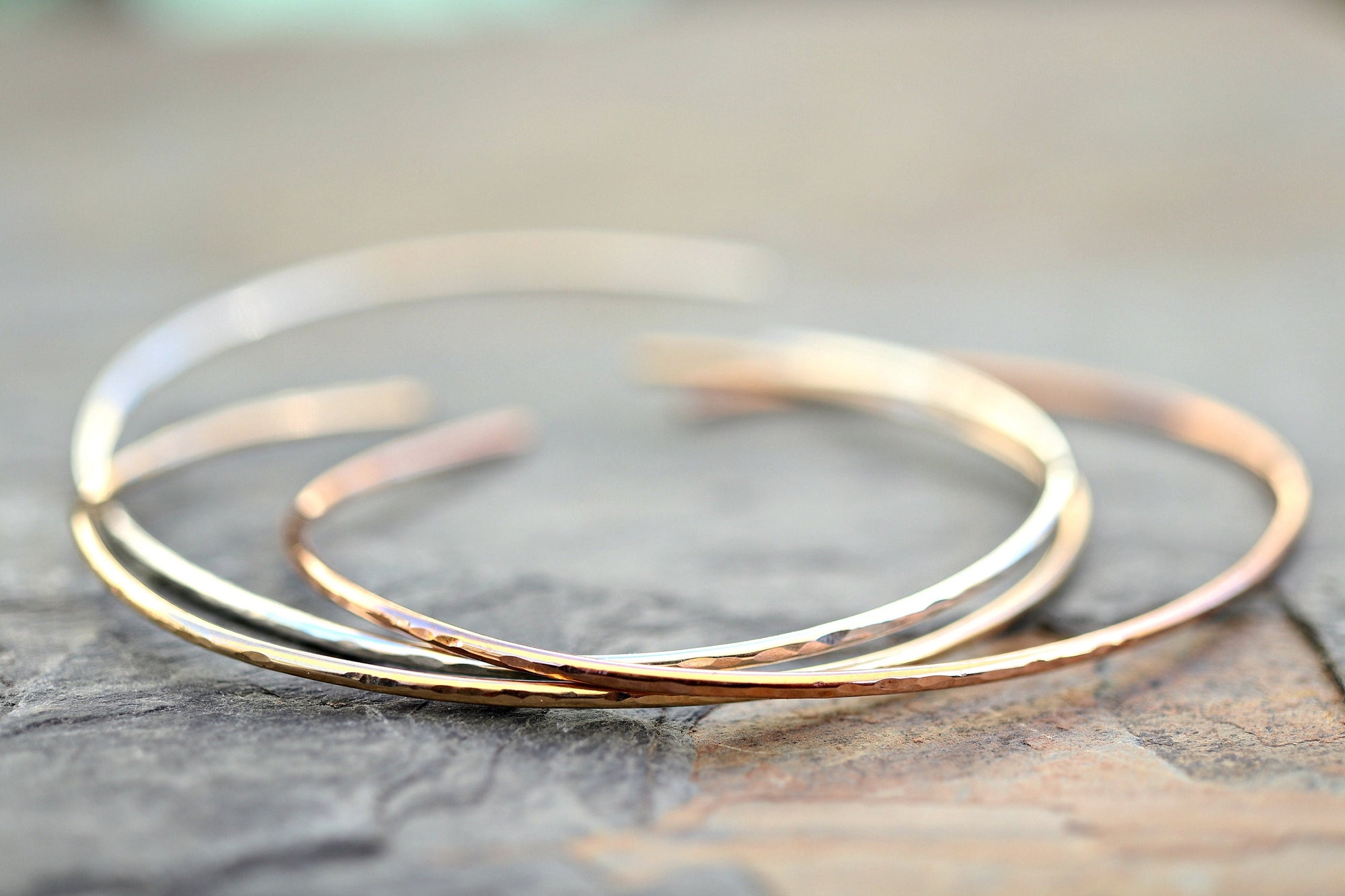 Thin Cuff Bracelet, Hammered Gold Open Bangle