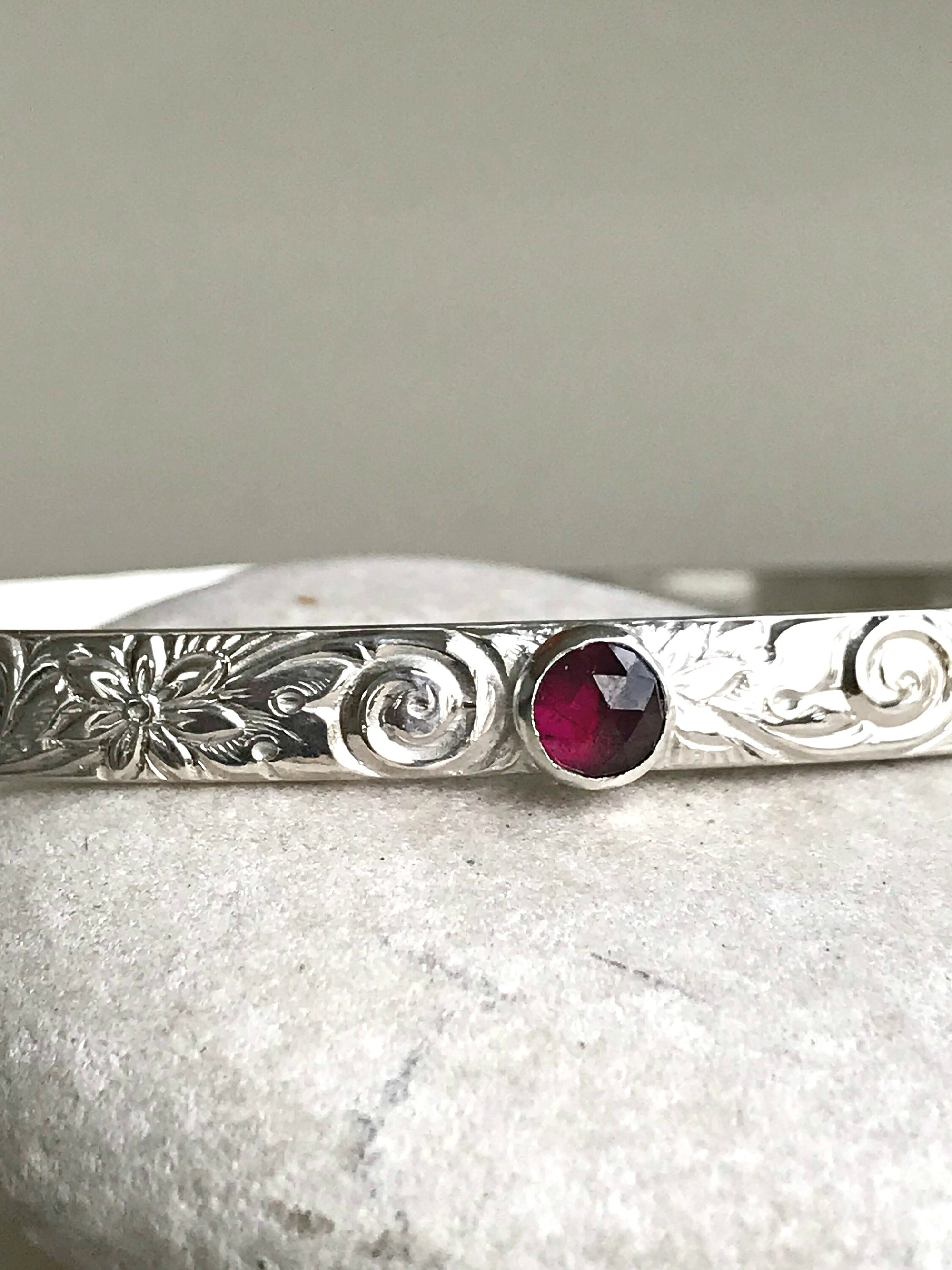 Garnet Cuff Bracelet, Floral Sterling Silver Band