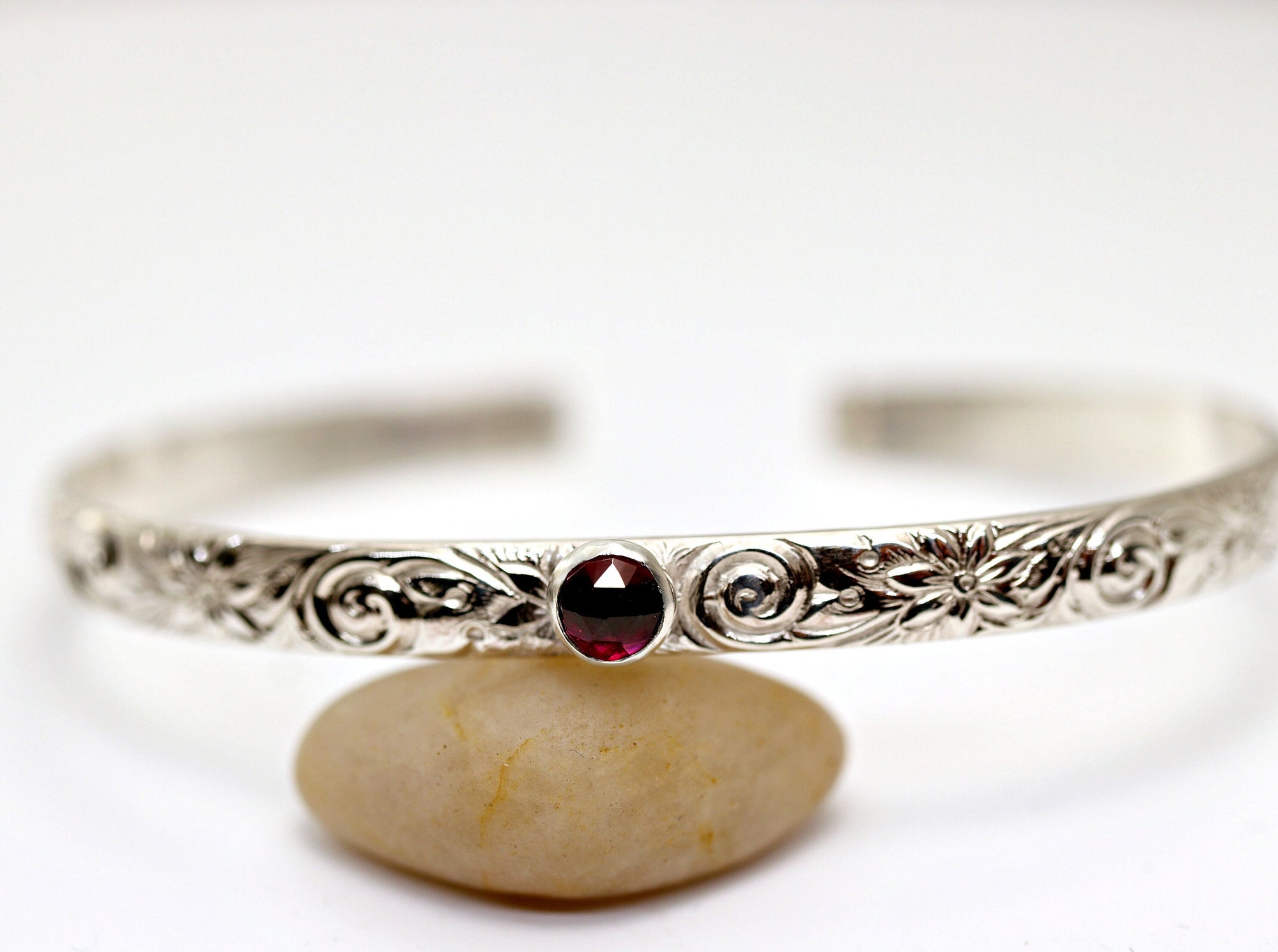 Garnet Cuff Bracelet, Floral Sterling Silver Band