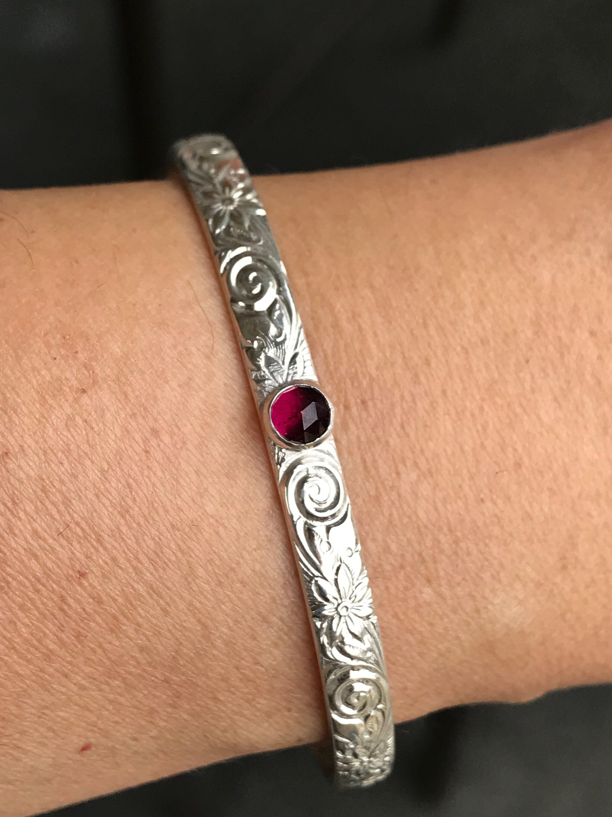 Garnet Cuff Bracelet, Floral Sterling Silver Band