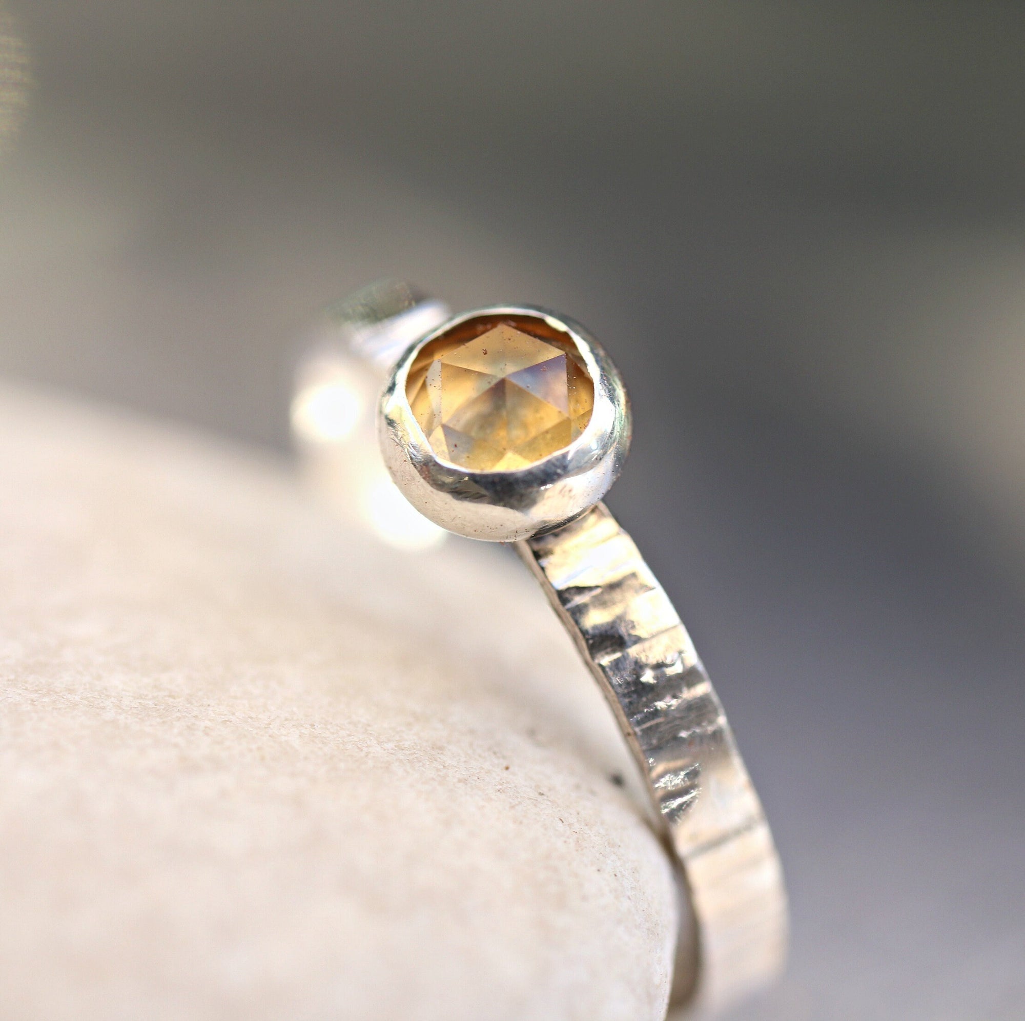 Citrine Ring Sterling Silver, Stacking November Birthstone Ring, Hammered Silver Gemstone Ring, Her Birthday Gift, Choose your birthstone