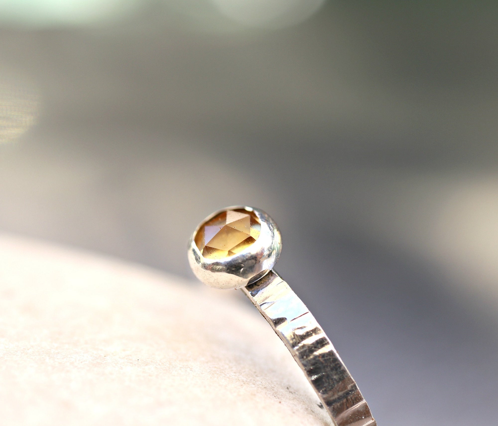 Citrine Ring Sterling Silver, Stacking November Birthstone Ring, Hammered Silver Gemstone Ring, Her Birthday Gift, Choose your birthstone
