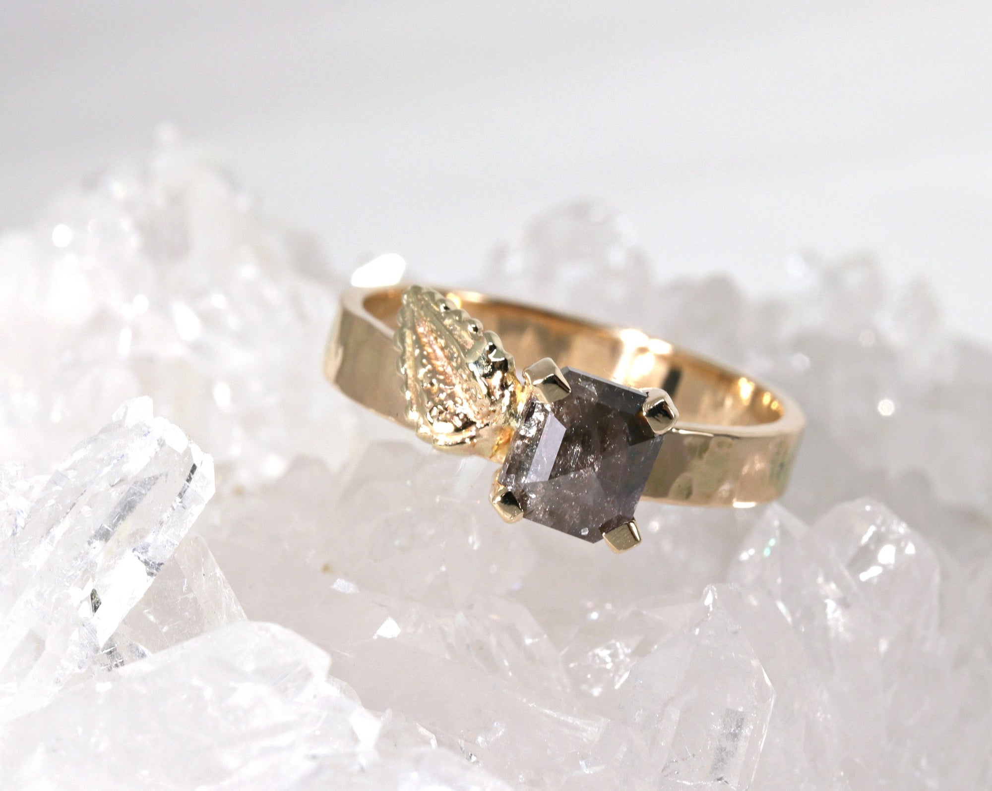 Princess Rose Cut Black Diamond and Leaf Ring