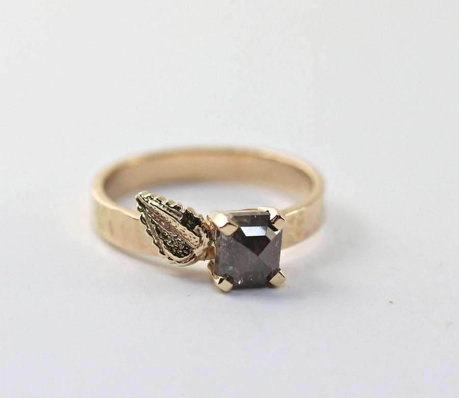 Princess Rose Cut Black Diamond and Leaf Ring