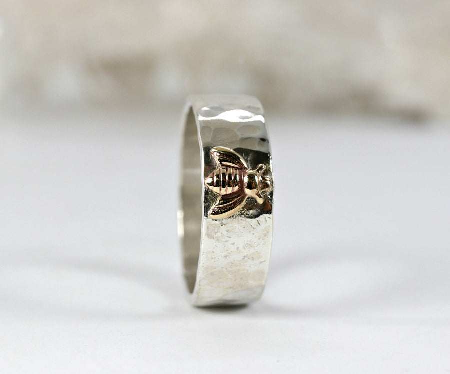 Honey Bee Ring, Sterling Silver Hammered Band and Gold Bee Ring
