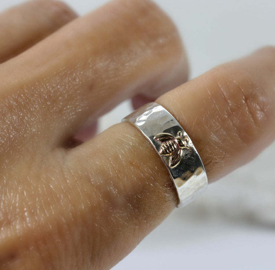 Honey Bee Ring, Sterling Silver Hammered Band and Gold Bee Ring