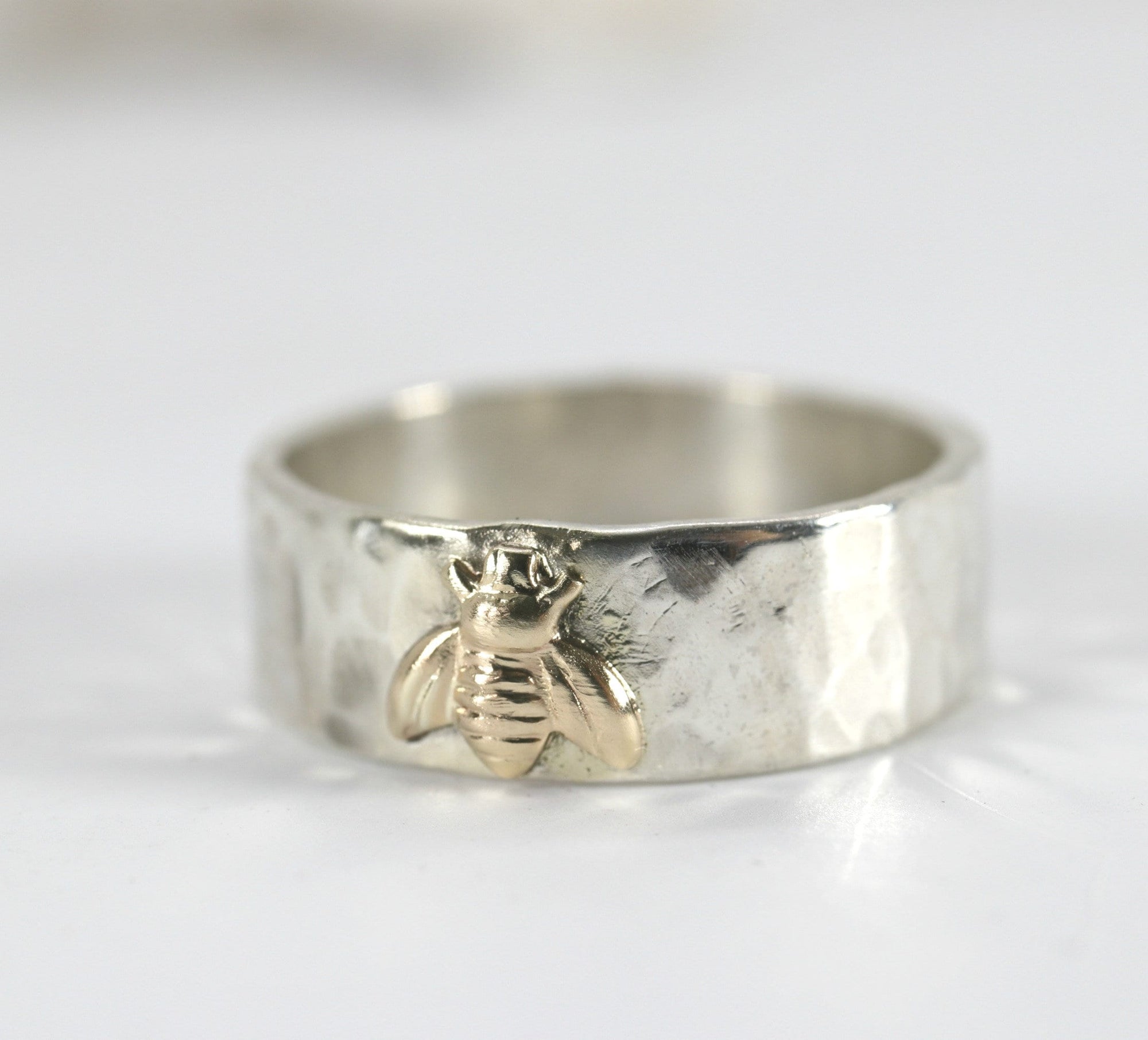 Honey Bee Ring, Sterling Silver Hammered Band and Gold Bee Ring