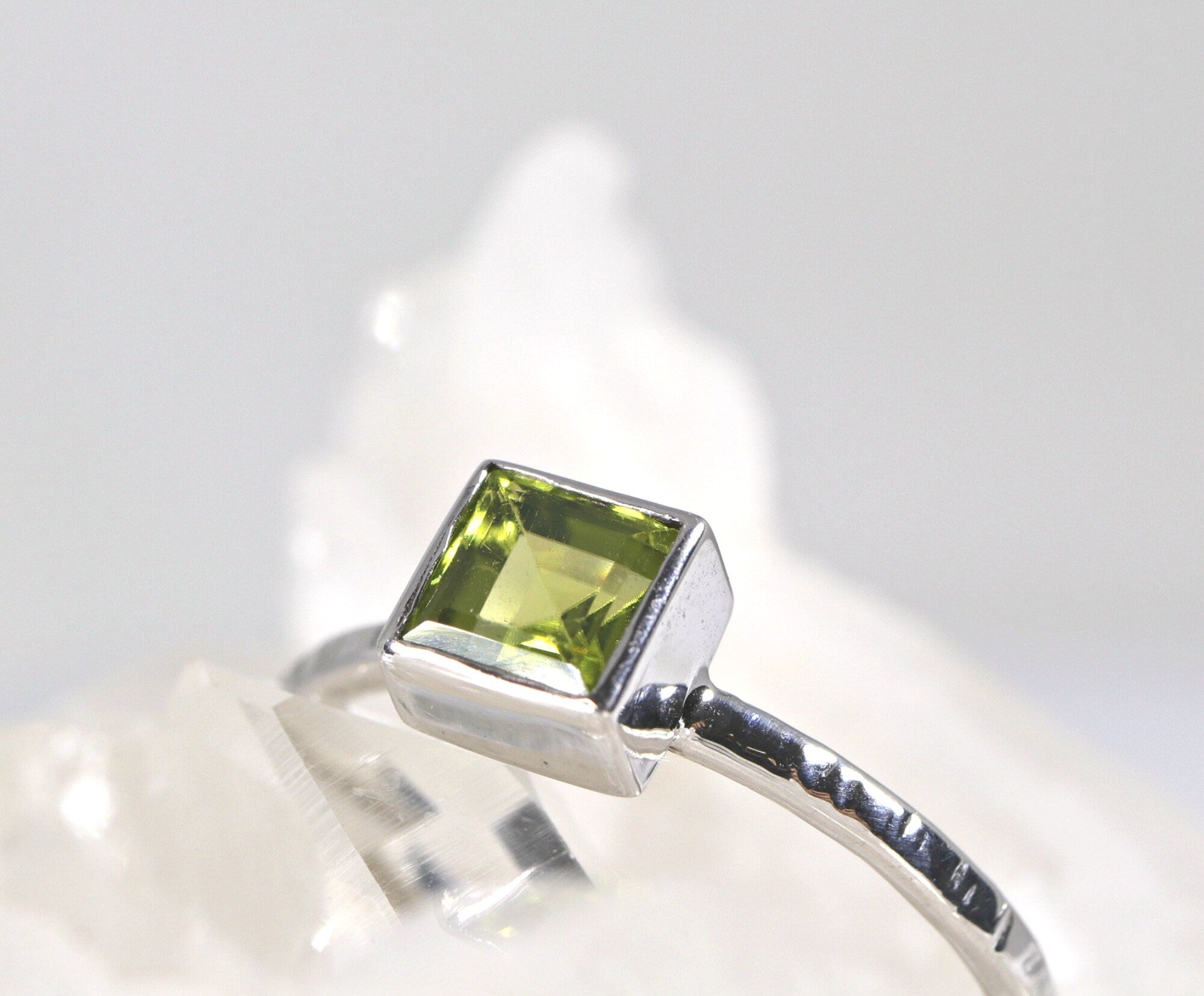 Princess Cut (Square) Peridot Ring, Sterling Silver, 14k White Gold Bezel Setting