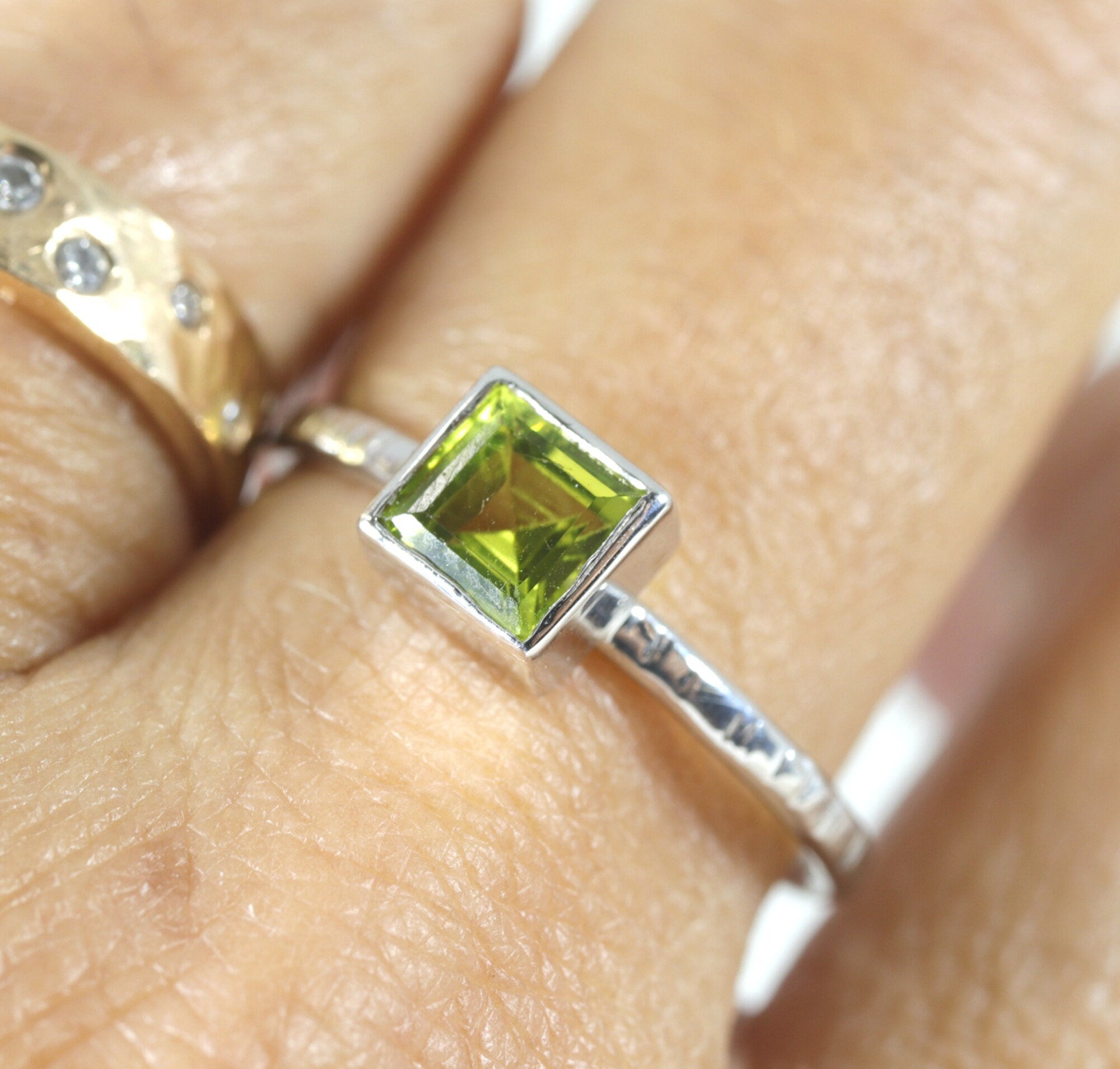 Princess Cut (Square) Peridot Ring, Sterling Silver, 14k White Gold Bezel Setting