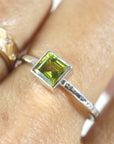 Princess Cut (Square) Peridot Ring, Sterling Silver, 14k White Gold Bezel Setting
