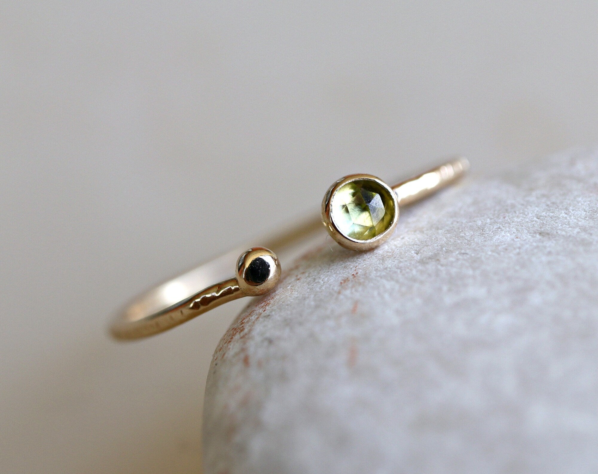 14k Gold Peridot Open Cuff Ring, August Birthstone Ring